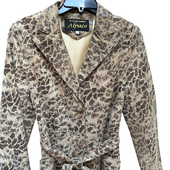 Alpaca Trench Coat Animal Print Vegan Leather Belted Waist Mob Wife Medium - Picture 2 of 14